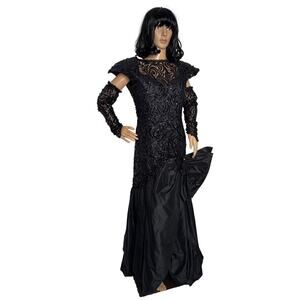 Vintage Demetrios Black Beaded Evening Gown with Dramatic Bow gloves M-L